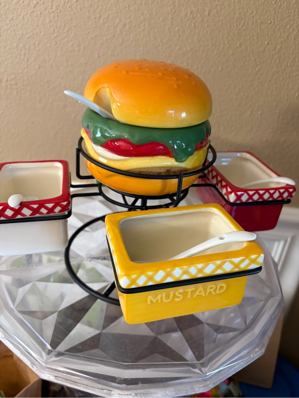 Pier 1 Hamburger Condiment Swivel Dish Set Mustard Mayo Relish Ketchup Hamburger